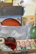 A BOX OF CIGARETTE CARDS, BAKELITE AND SUNDRY ITEMS, to include four celluloid nursery rhyme