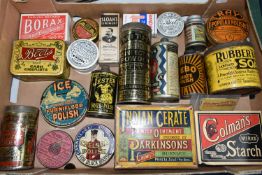 A BOX OF VINTAGE ADVERTISING TINS ETC, to include Ice Furniture polish with some contents, Ray