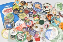 A BOX OF BAGDES, PIN BADGES AND STICK PINS, assorted badges, pins and sticks pins some badges to