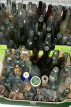 TWO BOXES OF VINTAGE BOTTLES AND VULCANITE STOPPERS, to include two torpedo bottles, Codd bottles,