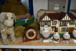 THREE BOXES AND LOOSE DOLLS HOUSE, LAMPS, TOYS, SACKS AND SUNDRY ITEMS, to include a Triang no 62 '