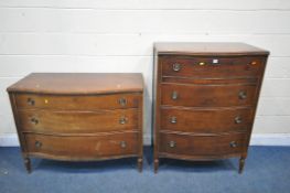 TWO 20TH CENTURY MAHOGANY SERPENTINE CHEST OF DRAWERS, to include a chest of four and a chest of