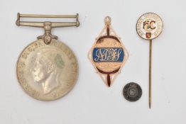 A 12CT GOLD ENAMEL FOB MEDAL AND A DEFENCE MEDAL, to include a diamond shape enamel 'National