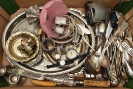A BOX OF ASSORTED WHITE METAL WARE, to include, trays, coasters, letter openers, posy vase, napkin