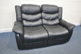 A BLACK LEATHERETTE MANUAL RECLINING TWO SEATER SOFA, length 167cm x depth 97cm x height 97cm (