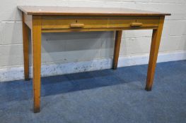 A 20TH CENTURY MAHOGANY AND BEECH TABLE, with two frieze drawers, on square tapered legs, length