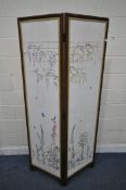 AN EARLY 20TH CENTURY MAHOGANY TWO PANE FOLDING SCREEN, with foliate needlework detail, width