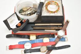 A BOX OF ASSORTED ITEMS, to include an AF rolled gold Swan fountain pen, a Sheaffer fountain pen