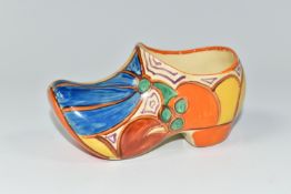A CLARICE CLIFF SMALL SABOT/CLOG, in Melon pattern, painted with stylised fruit, with 'hand painted,