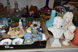 TWO BOXES AND LOOSE CERAMICS AND GLASS WARES, to include an American Homer Laughlin 'Fiesta' jug