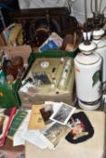 TWO BOXES AND LOOSE ASSORTED SUNDRY ITEMS ETC, to include a Cossor reel to reel tape player,