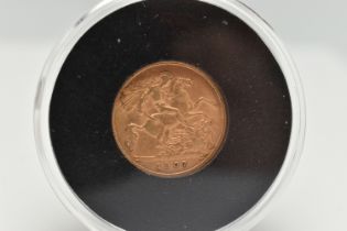 AN EDWARDIAN GOLD HALF SOVERIEGN COIN, 19.30mm diameter, 3.99 grams, 22ct gold, Edward VII, dated