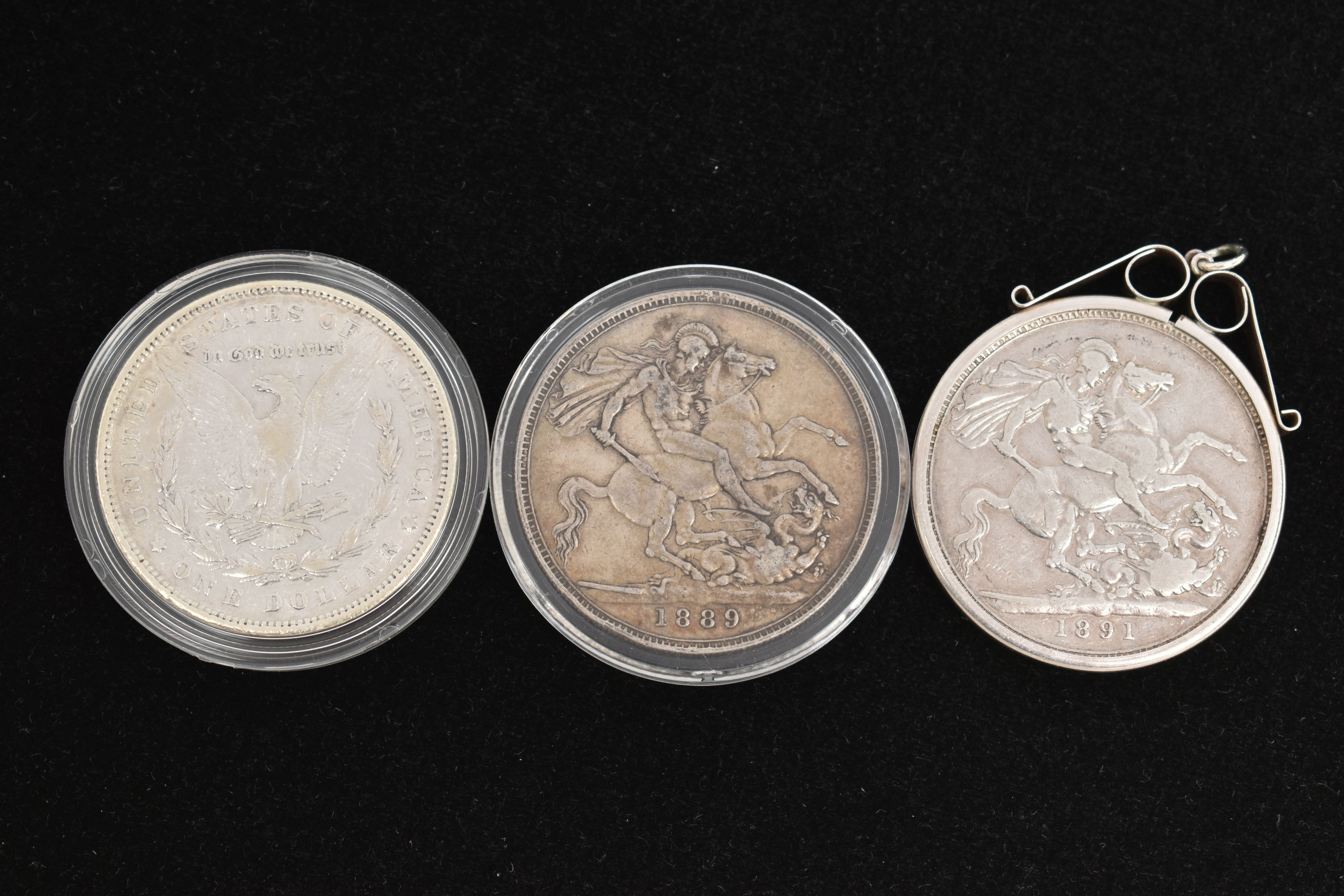 A PARCEL OF THREE SILVER COINS, to include an 1891 Crown coin in a silver mount, an 1889 Victoria - Image 2 of 2