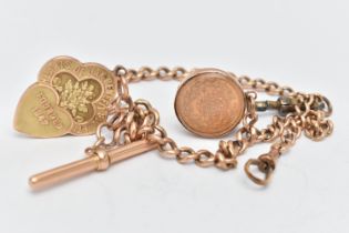A YELLOW METAL ALBERT CHAIN, FOB MEDAL AND A MOUNTED COIN, graduated curb link albert chain
