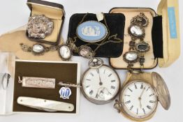 TWO SILVER POCKET WATCHES AND OTHER ITEMS, to include a key wound, open face pocket watch, white