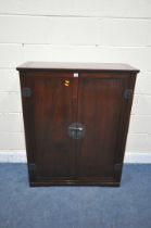 A HARDWOOD ORIENTAL DOUBLE DOOR RECORD CABINET, with twelve divisions, width 92cm x depth 38cm x