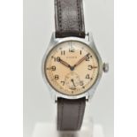 A GENTS MILITARY 'MOERIS' WRISTWATCH, manual wind, round discolored silver dial signed 'Moeris',