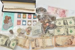 A BOX OF ASSORTED WORLD COINS AND BANKNOTES, three small bags of assorted coins to include Euros
