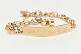 A YELLOW METAL ID BRACELET, a yellow metal band engraved 'Major H.M. Rapport R.A.M.C 141099'