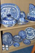 A COLLECTION OF BLUE AND WHITE CERAMICS, thirty three pieces to include serving dishes, a tureen,