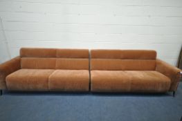 AN OPPOSING PAIR OF BRONZE UPHOLSTERED TWO SEATER SOFAS, length of one section 195cm (condition