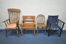 A 19TH CENTURY ELM AND BEECH WINDSOR ARMCHAIR, with turned supports and legs, united by a H