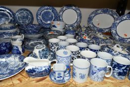 A QUANTITY OF BLUE AND WHITE DINNER WARES, over one hundred pieces, to include Keeling & Co