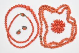 A COLLECTION OF CORAL JEWELLERY, to include a graduated bead necklace with push piece clasp, the