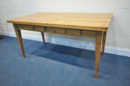 A LATE 20TH CENTURY PINE FARMHOUSE STYLE TABLE, with two frieze drawers, on square tapered legs,