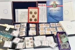 A BOX OF ASSORTED COINS, to include 100th anniversary Royal Air Force coin collection from Windsor