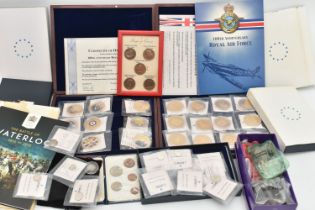 A BOX OF ASSORTED COINS, to include 100th anniversary Royal Air Force coin collection from Windsor