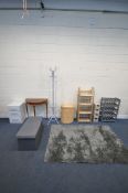 A SELECTION OF OCCASIONAL FURNITURE, to include a rectangular grey rug, 181cm x 122cm, a rattan four