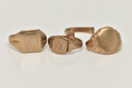 THREE SIGNET RINGS, the first a small shield shape signet with engraved initials, tapered