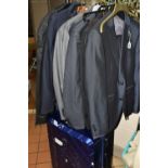 TWELVE ITEMS OF GENTLEMEN'S CLOTHING AND A LARGE WHEELED SUITCASE, to include blue hard case