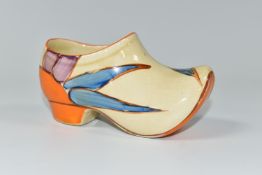 A CLARICE CLIFF SMALL SABOT/CLOG, in Oranges pattern, painted with oranges and leaves, with '