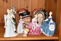 TWO ROYAL DOULTON FIGURINES AND FOUR CHARACTER JUGS, comprising Victoria HN2471, Hilary HN2335, '
