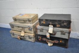 A SELECTION OF VINTAGE LUGGAGE, to include three beige suitcases, a snake skin effect case and two
