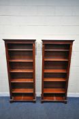 A PAIR OF MAHOGANY OPEN BOOKCASES, both with five adjustable shelves, on bracket feet, width 80cm