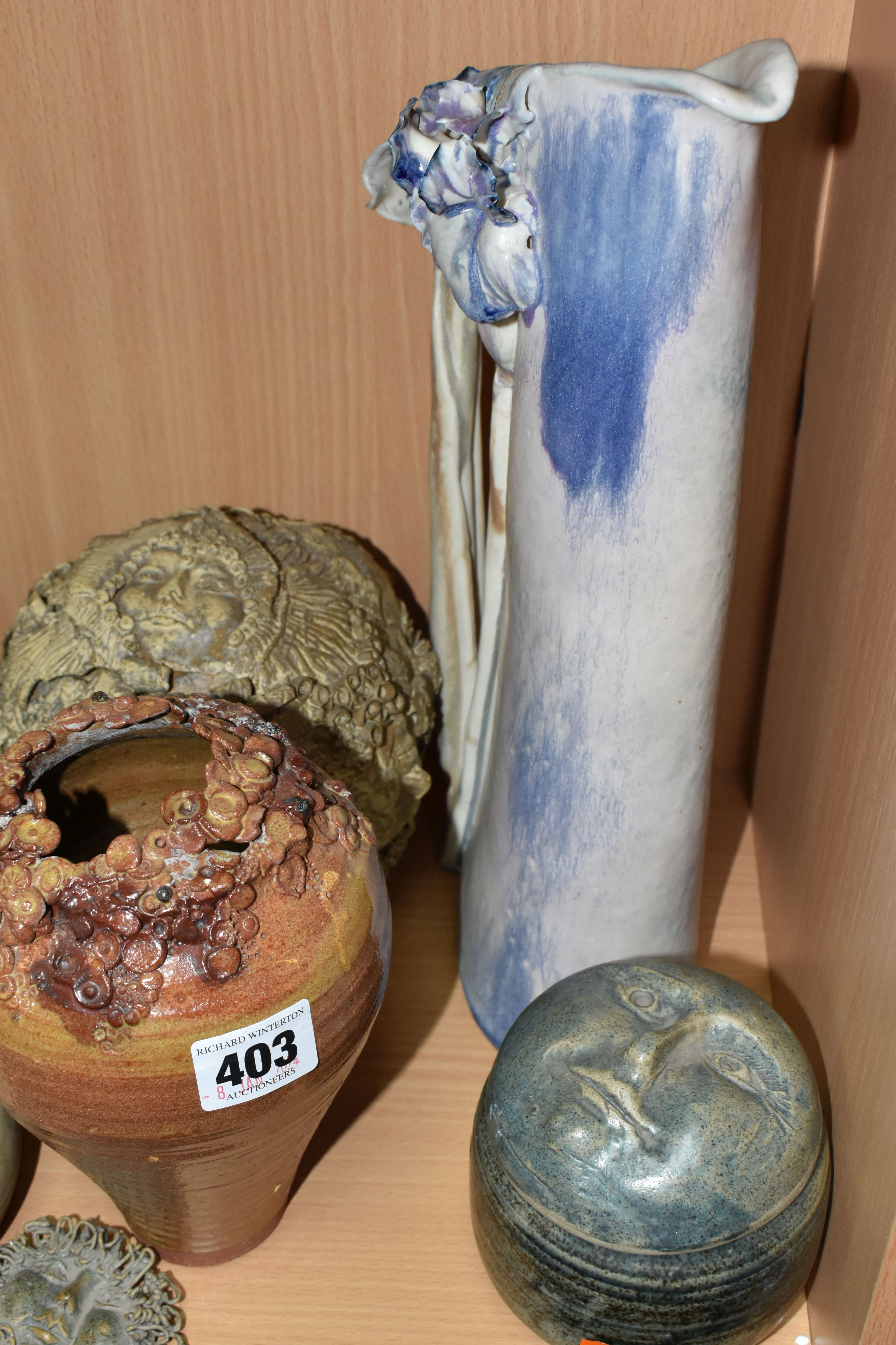 A COLLECTION OF ELAINE HIND STUDIO POTTERY AND SIMILAR, comprising 'Moon' lidded pots, a 'Sun' - Image 8 of 9