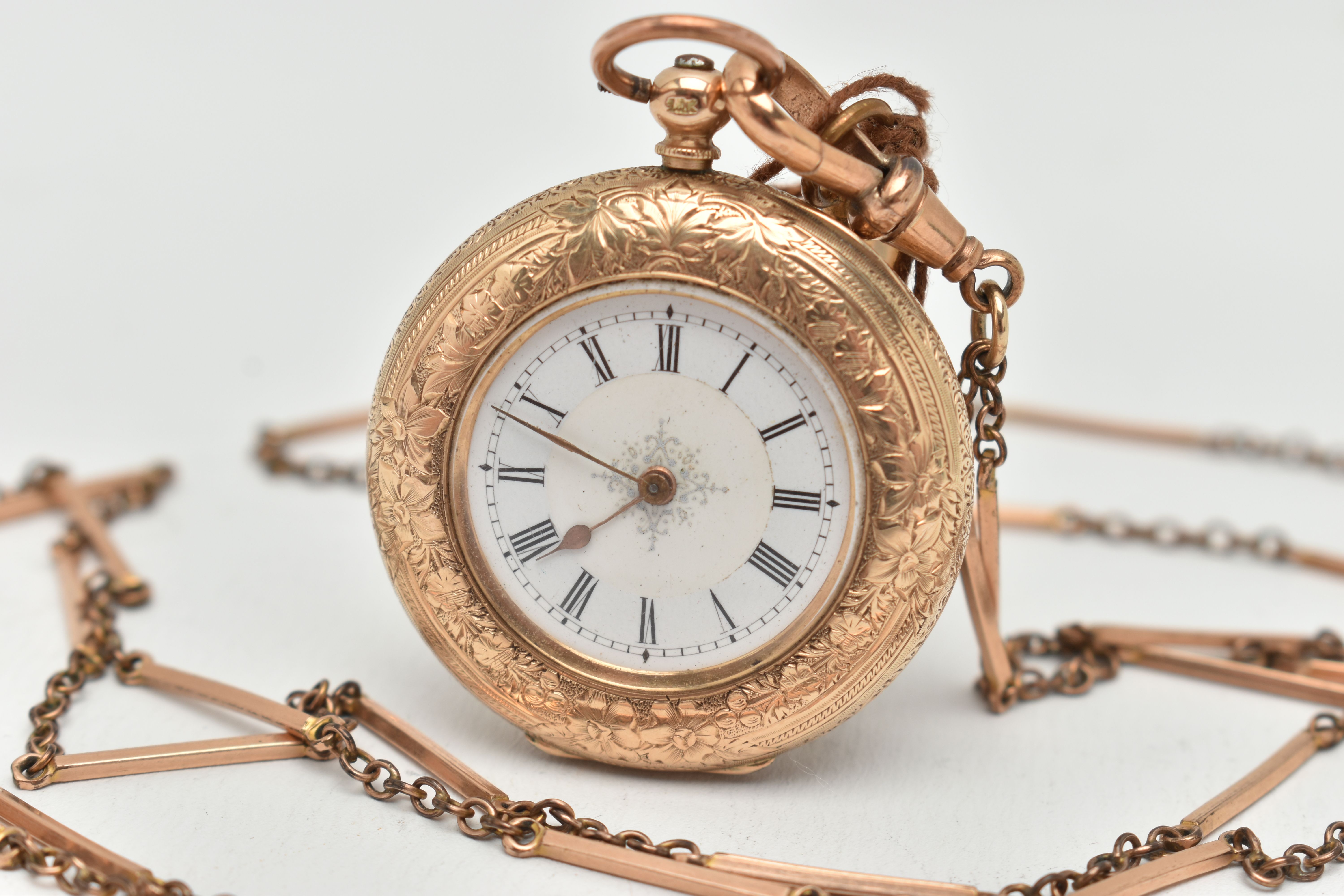 A YELLOW METAL POCKET WATCH AND LONGUARD CHAIN, key wound half hunter pocket watch, floral and - Image 2 of 6