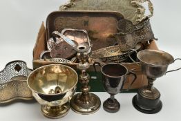 A BOX OF ASSORTED WHITE METAL WARE, to include two large trays, two pierced bottle stands, entree