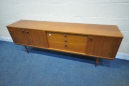 A MID CENTURY AVALON TEAK SIDEBOARD, fitted with three cupboard doors and three graduated drawers,