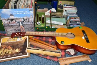 TWO BOXES OF L.P RECORDS, C.D'S AND MUSICAL INSTRUMENTS, to include an acoustic guitar made by