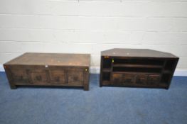 A HARDWOOD RECTANGULAR COFFEE TABLE, with four drawers to each side, width 120cm x depth 56cm x