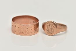 TWO 9CT GOLD RINGS, to include a late Victorian 9ct rose gold wide band ring, worn pattern,