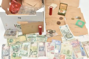 A CARDBOARD BOX CONTAINING MIXED COINS MEDALS AND BANKNOTES, to include a Charles II Shilling 1668