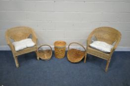 A SELECTION OF WICKER ITEMS, to include two armchairs, two baskets and a bin (condition report: