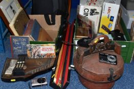 TWO BOXES OF MISCELLANEOUS SUNDRIES, to include a B.C.E 'Alex Higgins' snooker cue with hard case, a