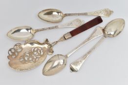 A SET OF FOUR EARLY 20TH CENTURY DANISH SILVER TABLESPOONS, foliate engraved decoration to the