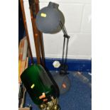 A GROUP OF VINTAGE GOLF CLUBS, LAMPS AND FIRE IRONS, comprising four hickory shaft golf clubs to